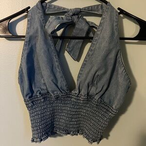 BDG Light Blue Smocked Halter Tie-Back Crop Top